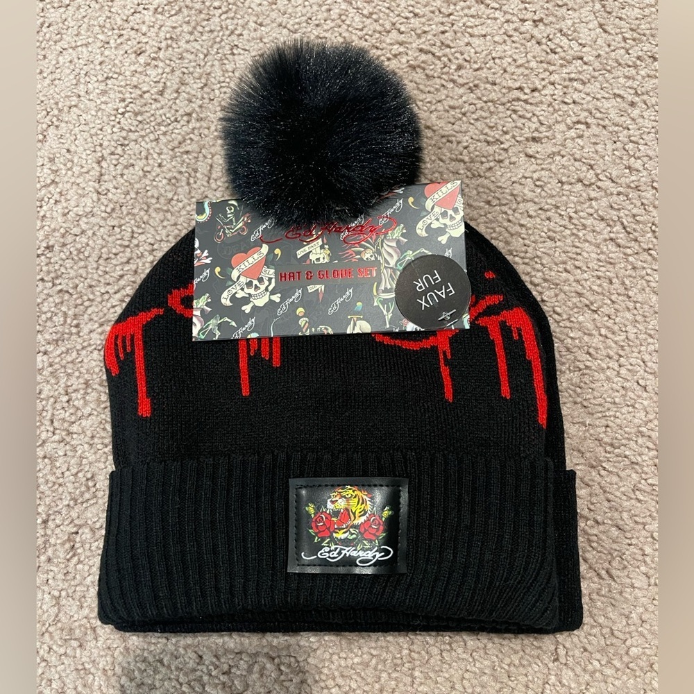 2pcs ED HARDY Unisex Black Faux Fur Beanie One Size
